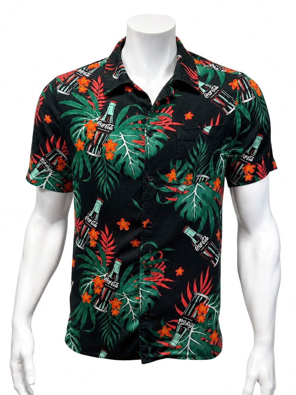 Coca Cola Men's Green Red Floral Hawaiian Button Up Short Sleeve Shirt Small
